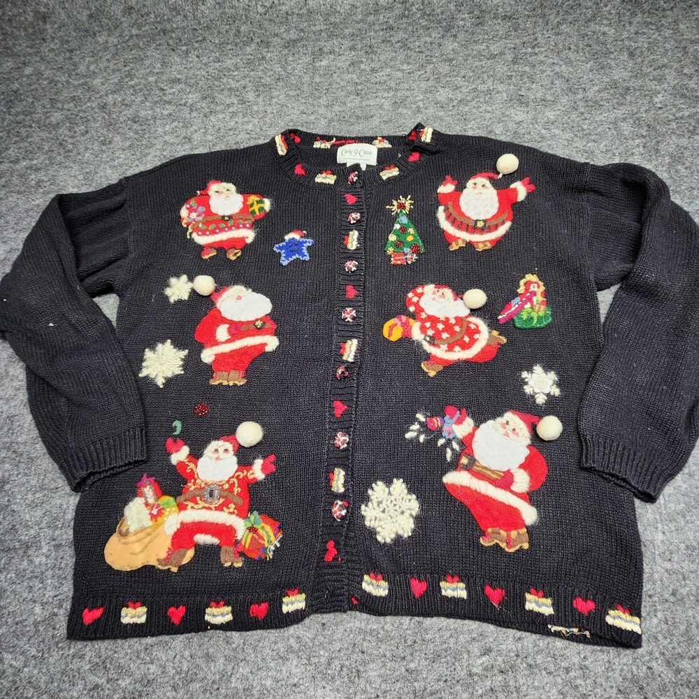 Carly St Claire VTG Christmas Cardigan Sweater Santa Embroidery Beaded Medium